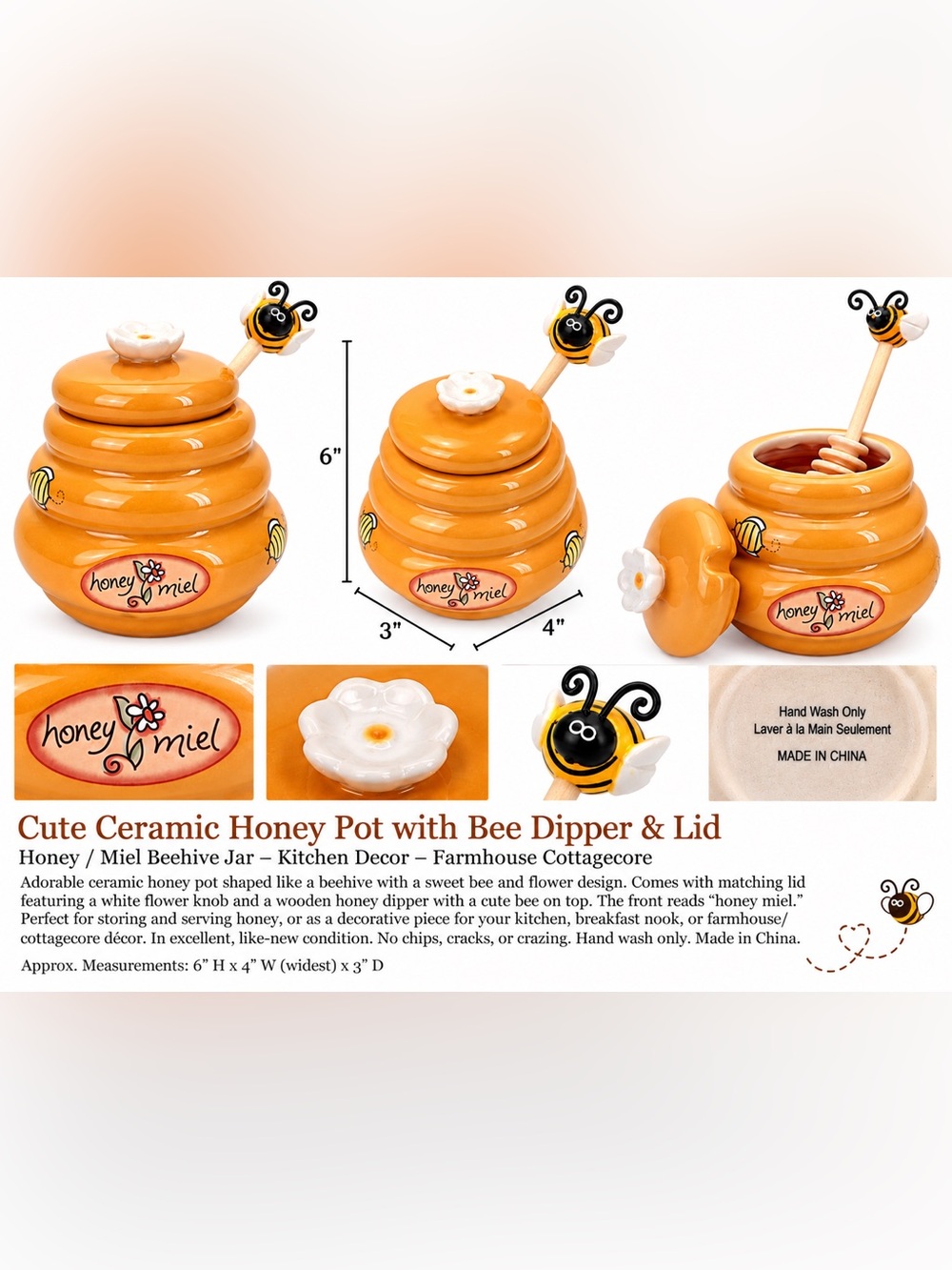 Honey Pot with Bee Dipper & Lid - Ceramic Adorable Orange 🍯🐝🍯